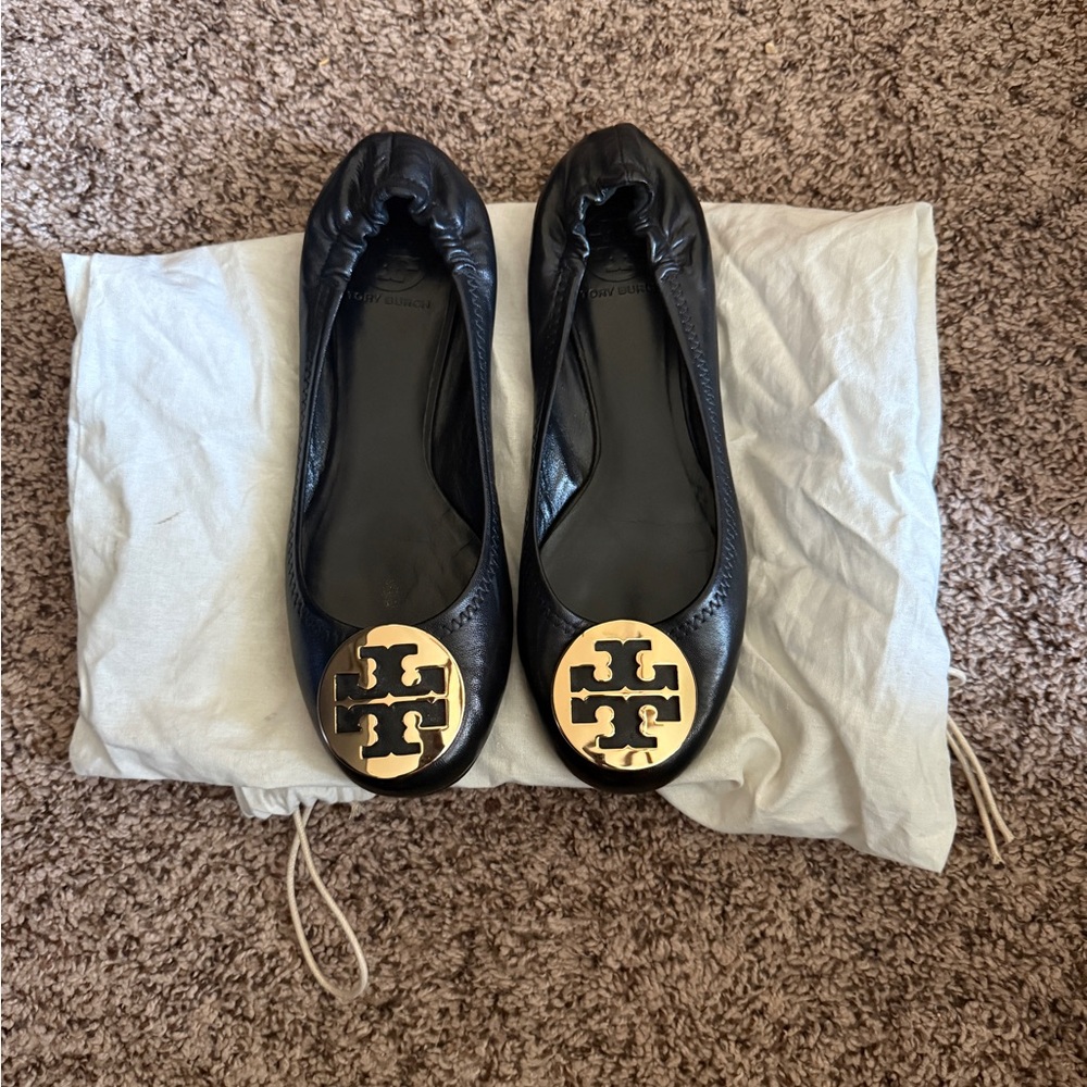 Tory Burch Black Flats with Gold Logo